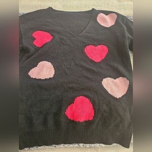 SHEIN Black V-Neck Sweater with Heart Accents